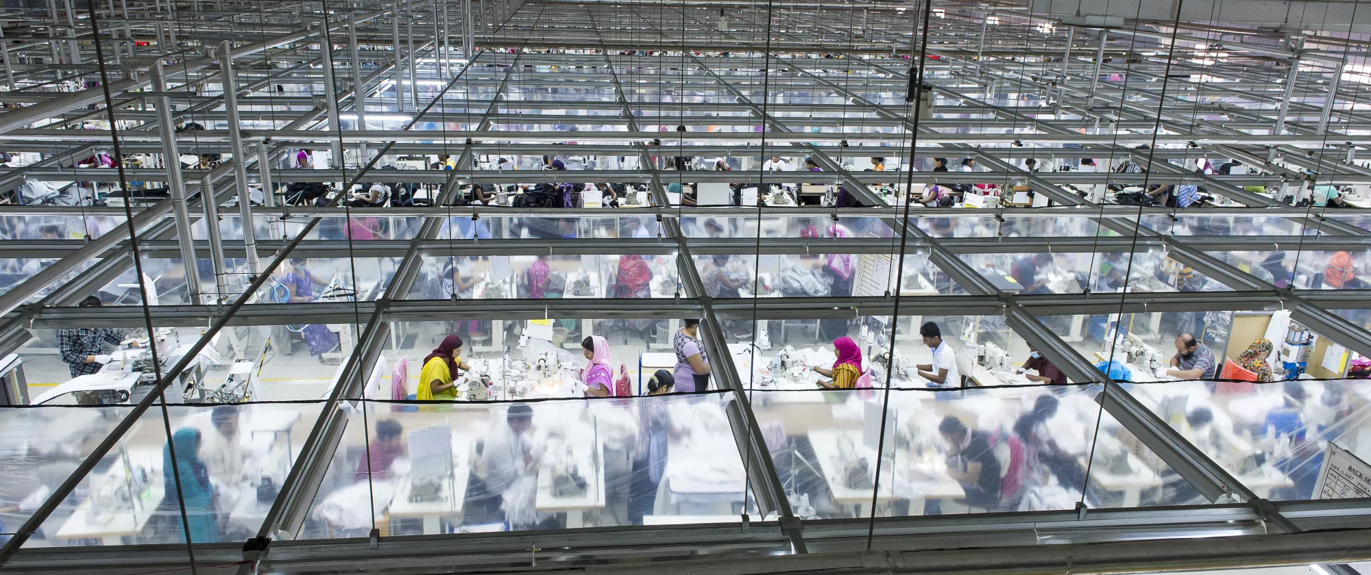 plunging view of textile workers in a factory