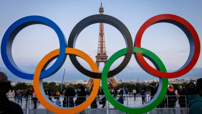 View of the Eiffel Tower with the Paris 2024 Olympic rings