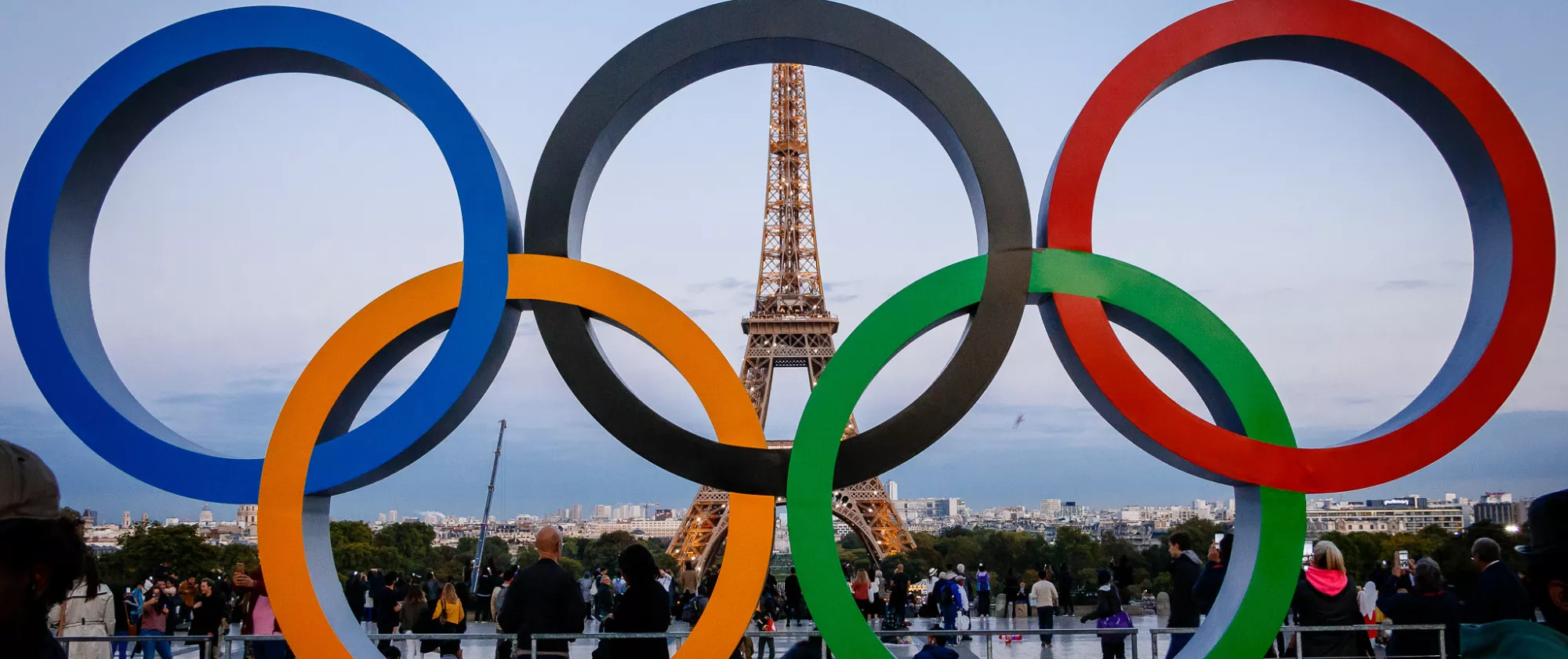 View of the Eiffel Tower with the Paris 2024 Olympic rings